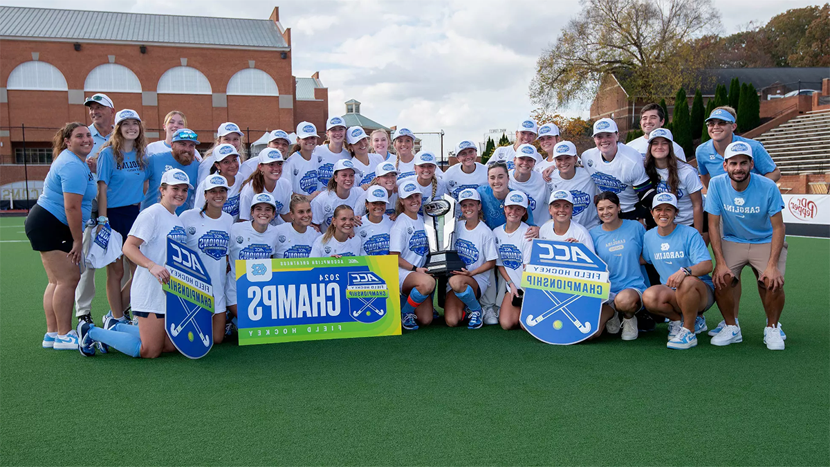 Team photo of Carolina field hockey after winning the ACC title.